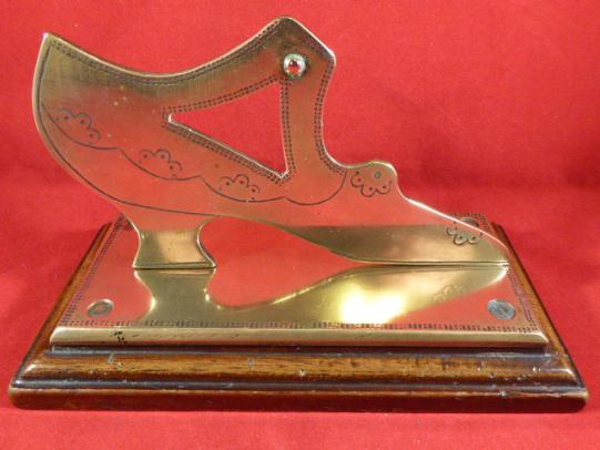 Boer War POW “Trench Art” Brass Victorian Ladies Shoe Desk Ornament on Oak Base c1903