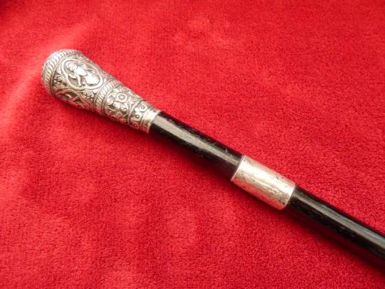 Antique WW1 Period Sword Stick with Ornate Silver Top Set with Four Asian Deities and Silver Collar- Hallmarked Birmingham 1915