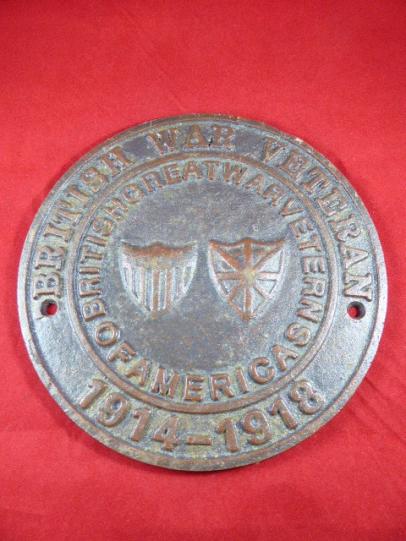 WW1 British Great War Veterans of America Bronze Wall Plaque 1914 to 1918