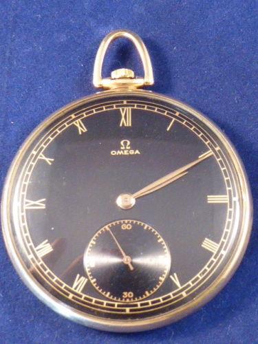 RARE BLACK FACED 14CT GOLD OMEGA MENS ART DECO POCKET WATCH c1943 WW2