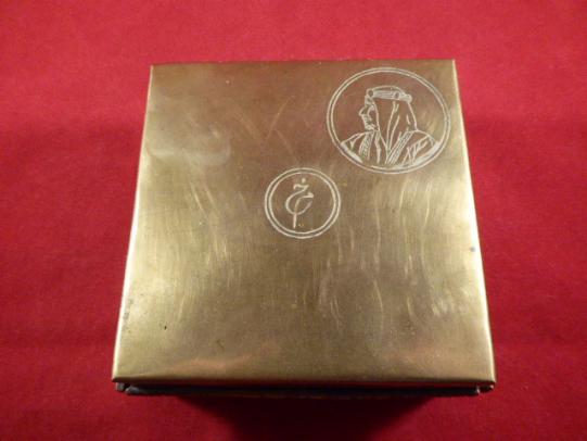 Unusual Middle Eastern “Trench Art” Brass Box Depicting King Bin Saud of Saudi Arabia c1943