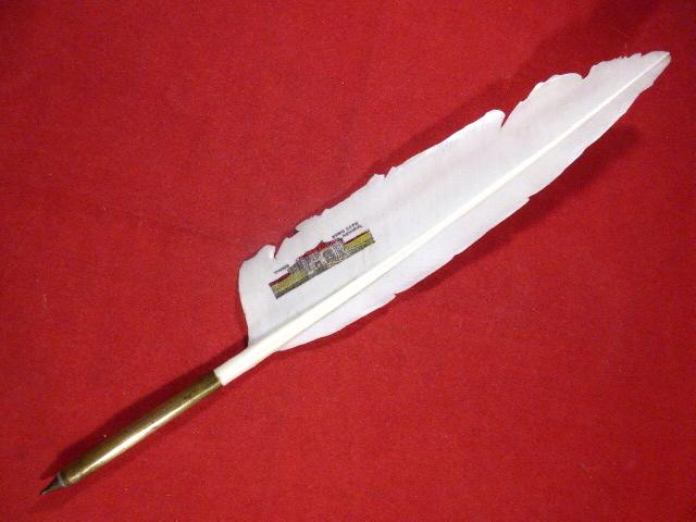 Unusual WW1 Menin Gate Souvenir - Ballpoint Pen with Large White Celluloid Feather