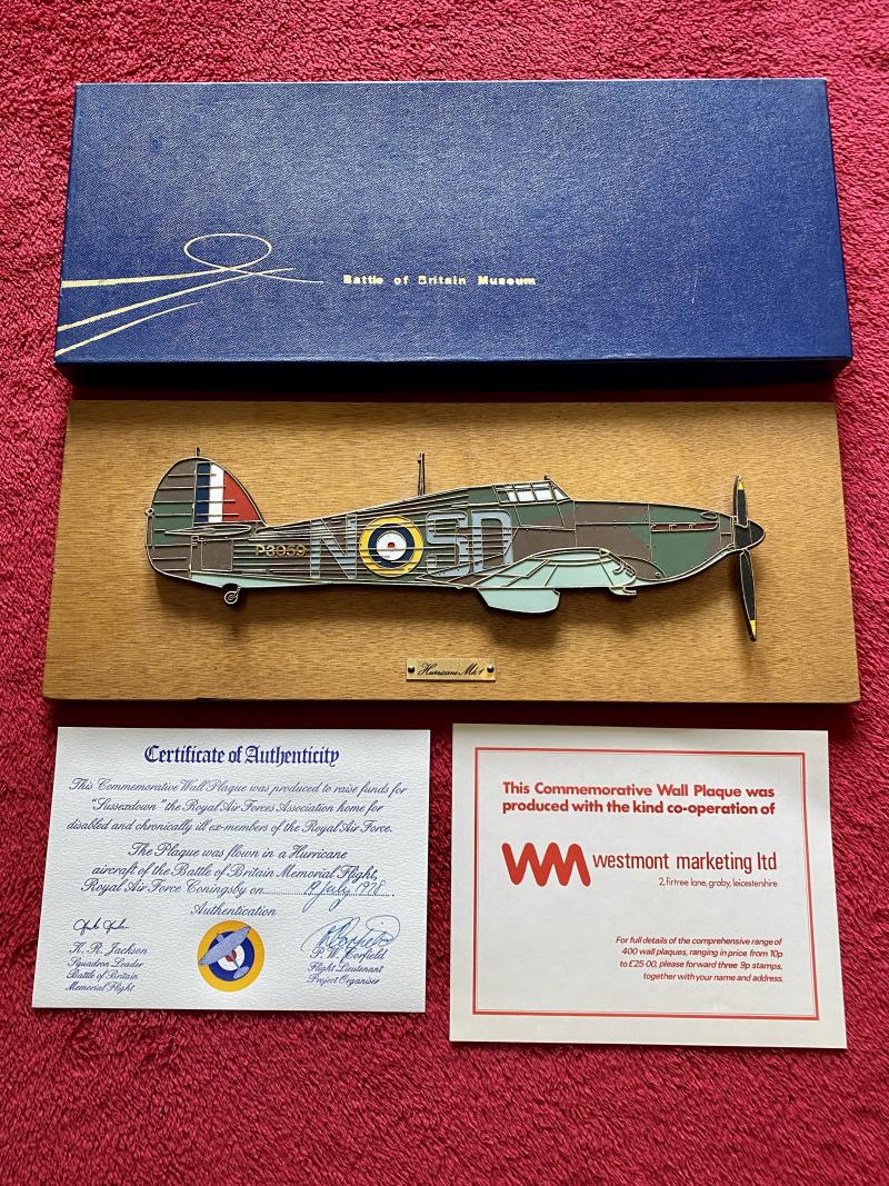 Limited Edition Battle of Britain Museum - Hurricane Mk 1 – Commemorative Wall Plaque with Certificate and Box c1978