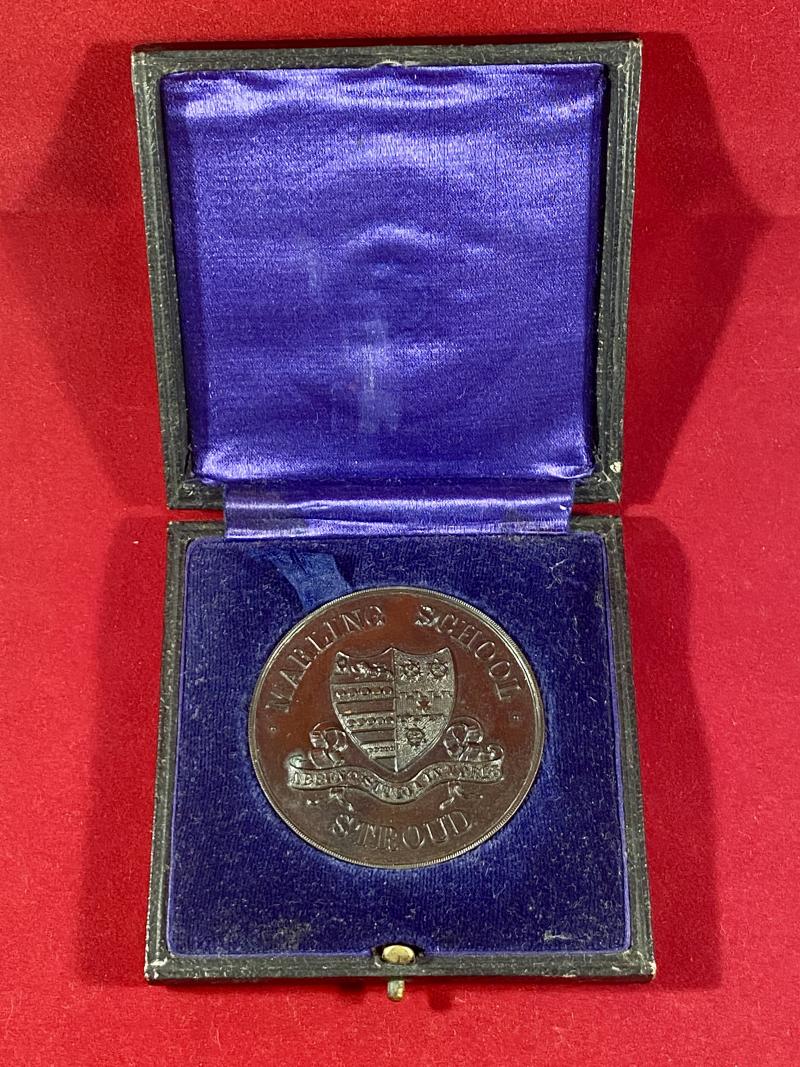 Antique Cased Bronze Medallion from Marling School Stroud Awarded for 220yds Athletic Race - to J.H. VINER in 1924