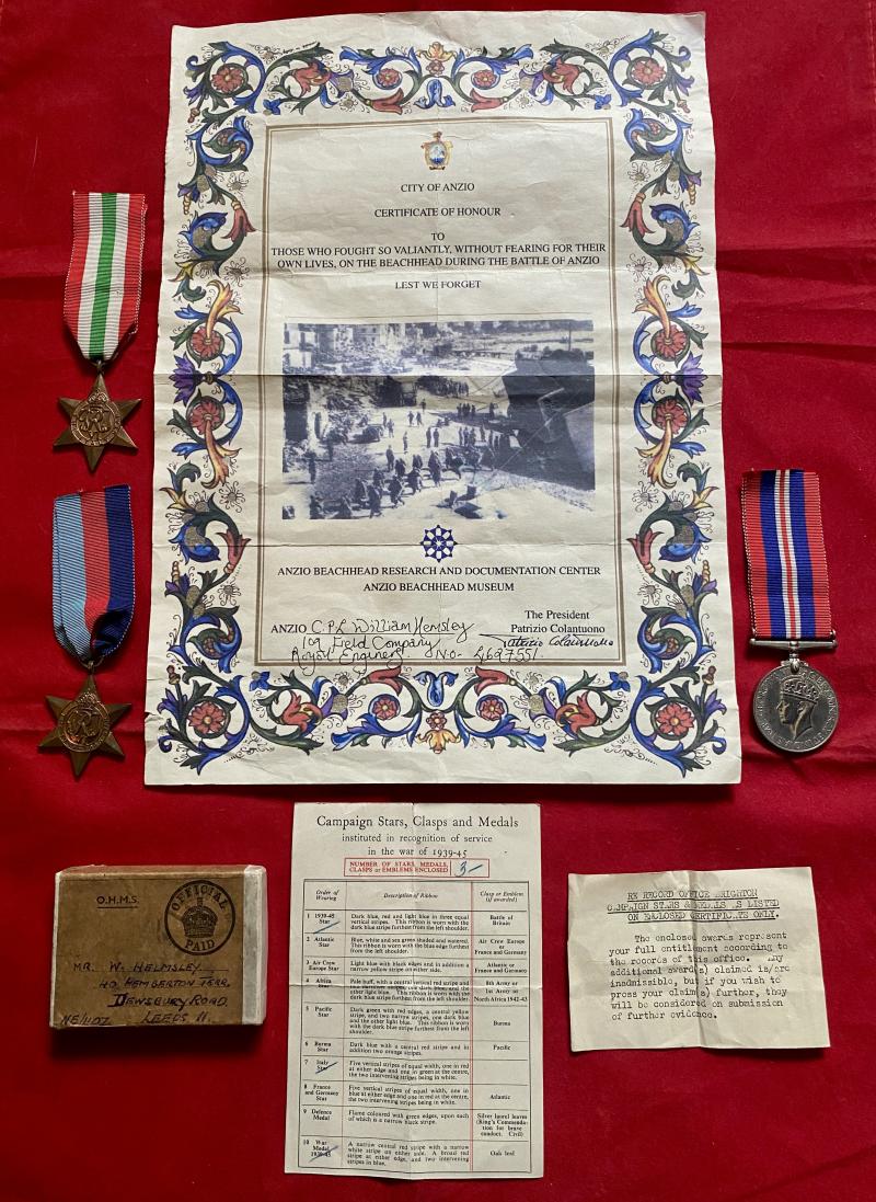 Rare City of Anzio Certificate with WW2 British Trio Medal Group to CPL William Hemsley – 109th Field Company - Royal Engineers