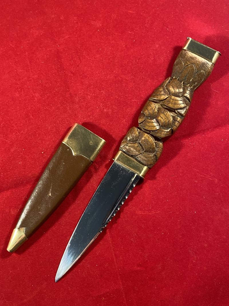 Vintage Scottish Sgian Dubh with Hand Carved Wooden Grip and Polished Brass Fittings