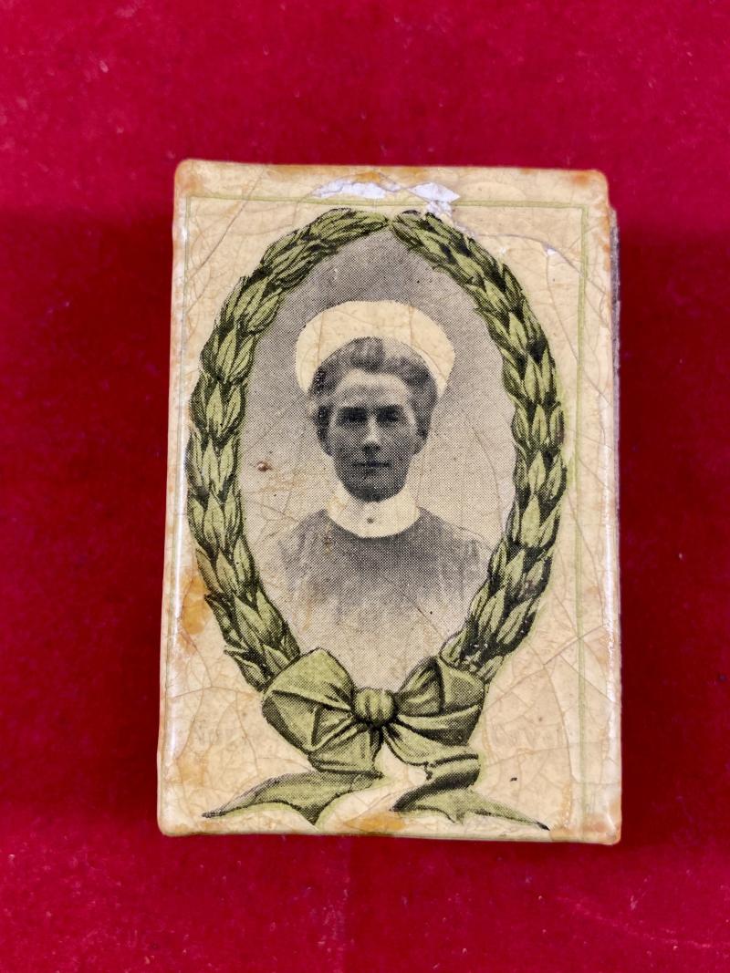 WW1 Memorial Metal and Celluloid Matchbox Cover Honouring Nurse Edith Cavell - Brussels 1915