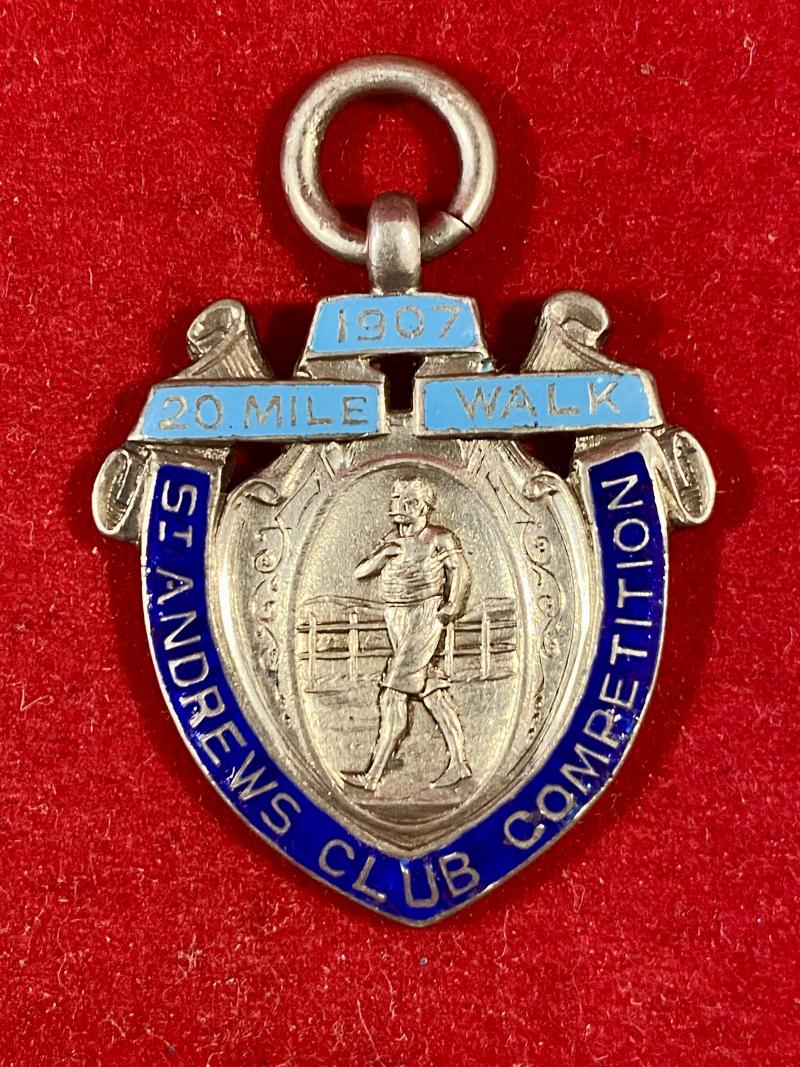 Antique English Hallmarked Silver & Enamel Watch Fob or Medal Awarded to P. H. Knowling for 20 Mile Walk in 1907