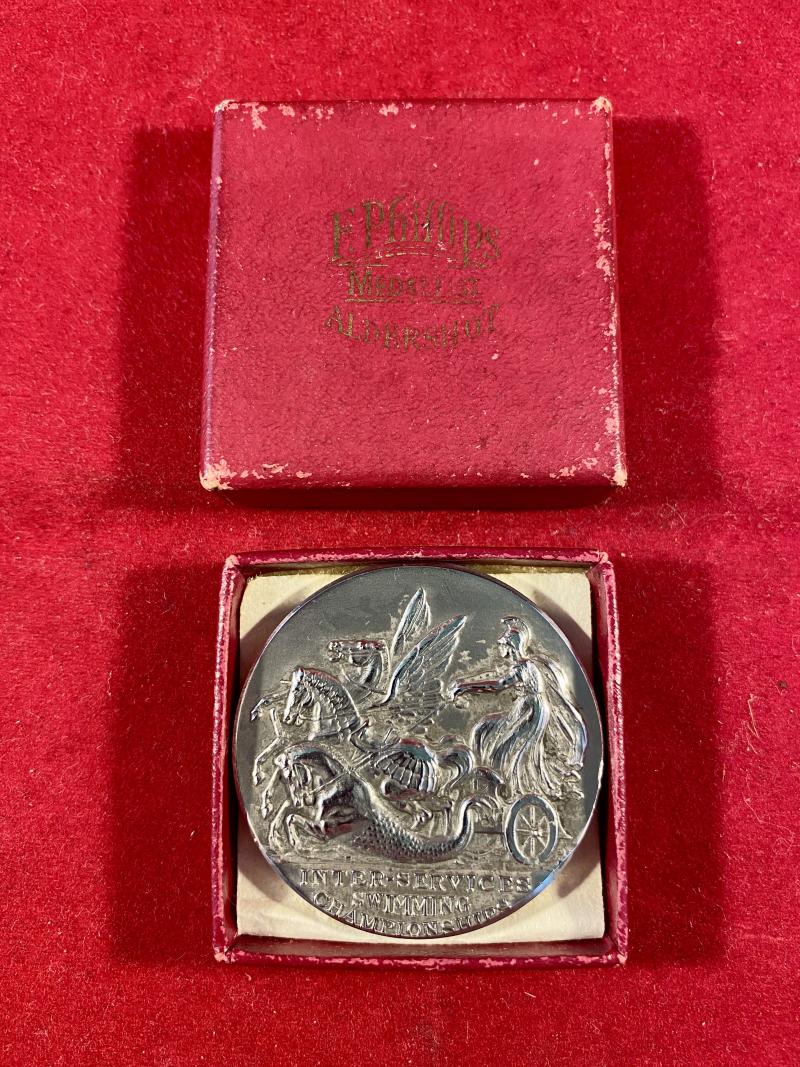 Unusual Solid Sterling Silver Inter-Services Swimming Championships Medal – 1961 Junior Championships - 1 Metre Springboard by F. Phillips of Aldershot
