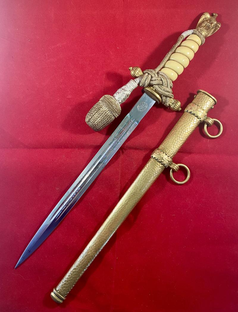 WW2 German Navy Officers Kriegsmarine Dagger with Hammered Scabbard and Knot by E. & F. HORSTER