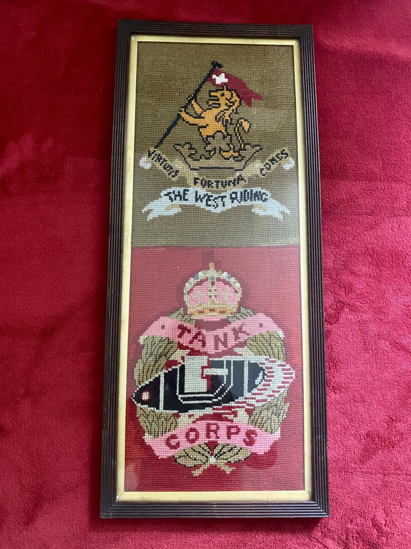 Large Framed WW1 Embroidery Panels Depicting the Duke of Wellington's Regiment (West Riding) and The Royal Tank Regiment