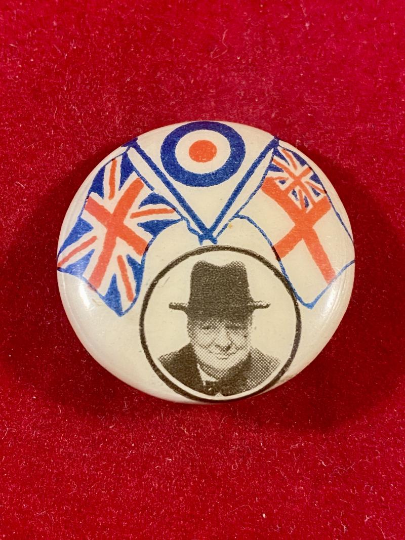 Rare WW2 Churchill ‘V’ For Victory - Army Navy and RAF Flags - Tin Button Badge