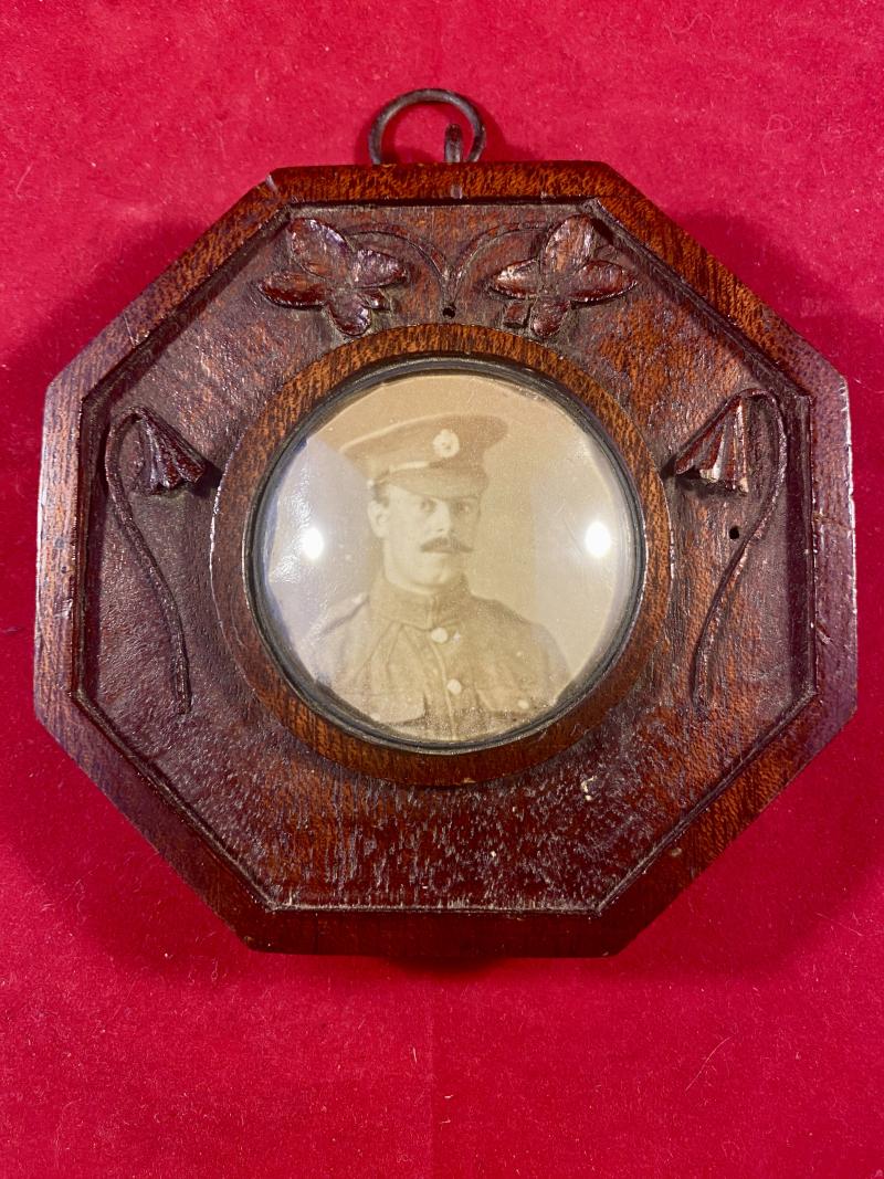 Small WW1 Carved Oak Picture Frame with Photo of British Soldier
