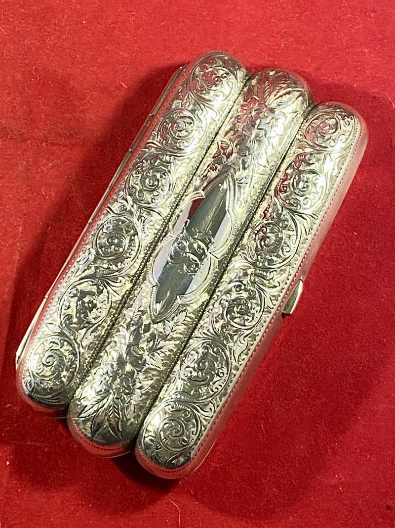 Beautifully Engraved Victorian Hallmarked Silver Triple Cigar Case by Thomas Acott & Co. 1894