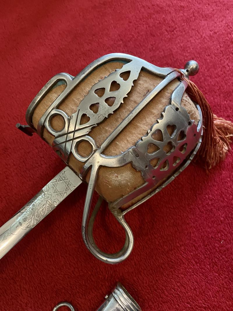 Good REPRODUCTION Scottish Highland Officer’s Basket Sword 1828 Pattern with Plated Scabbard c1980