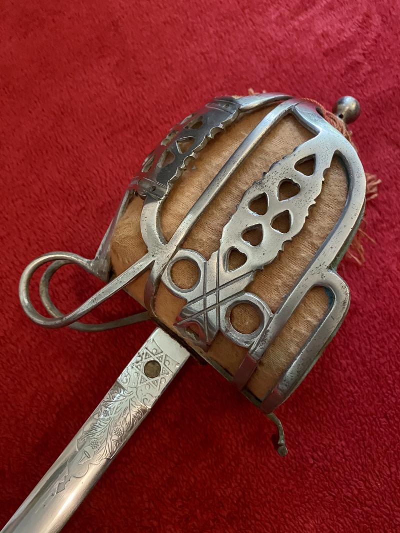 Good REPRODUCTION Scottish Highland Officer’s Basket Sword 1828 Pattern with Plated Scabbard c1980