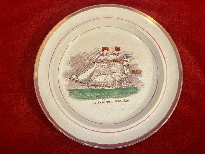 Rare Victorian Sunderland and Tyne Lustre Pottery Plate by Scott’s Southwick Pottery depicting A FRIGATE in FULL SAIL c1860