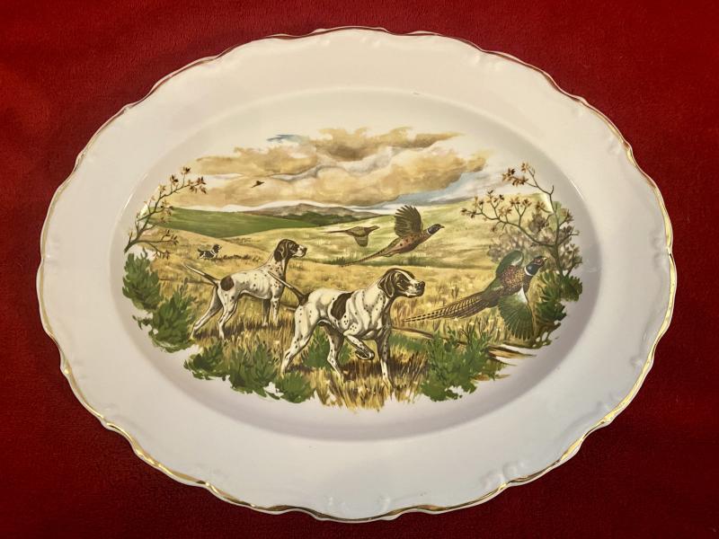 Vintage Oval China Serving Dish with a Scene of Gun Dogs Spooking Pheasants by Sovereign China Ltd