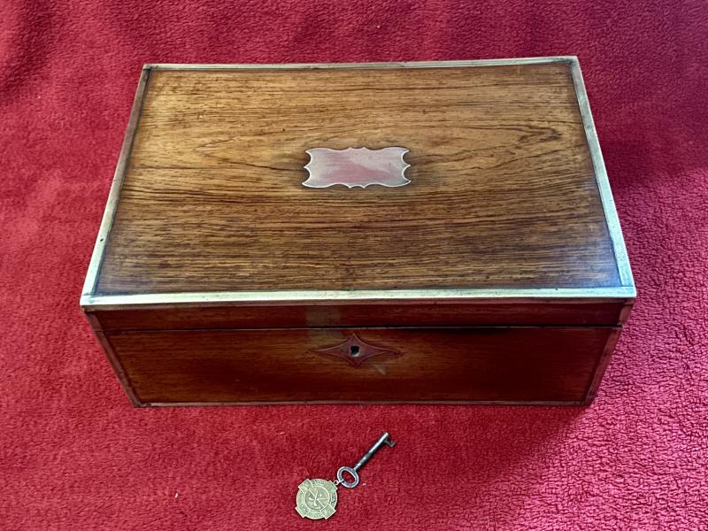 Antique Brass-Bound Walnut Military Campaign Writing Slope with Key and Inkwell c1860