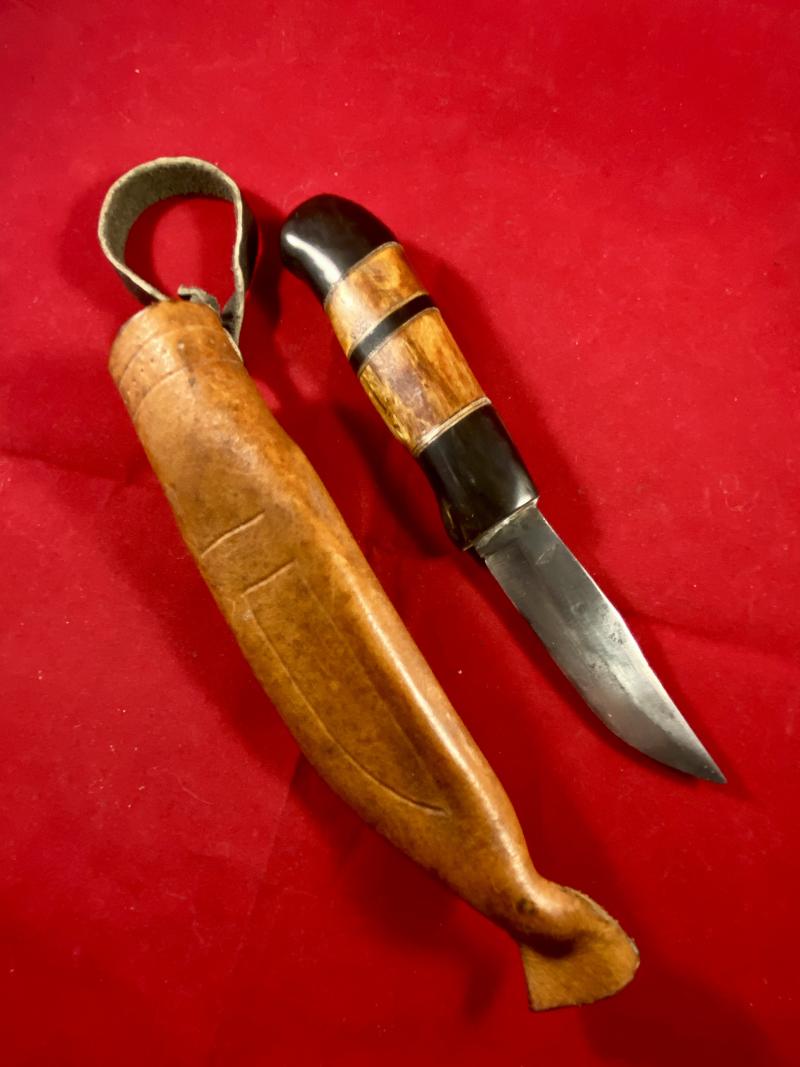 Unusual Vintage Scandinavian Puukko Knife with Black Horn and Burr Wood grip and Brown Leather Sheath