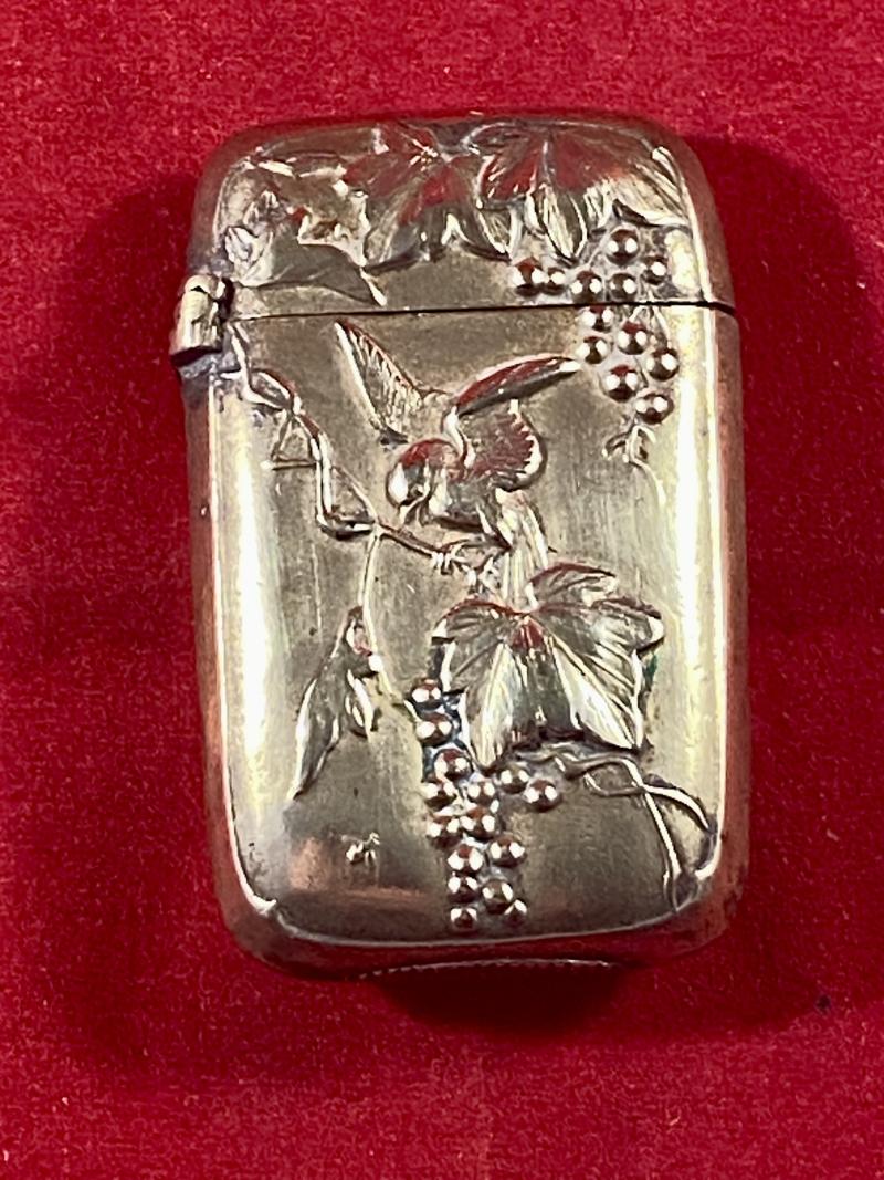 Antique Japanese Brass Embossed Vesta Case Depicting a Bird in a Grape Vine c1900