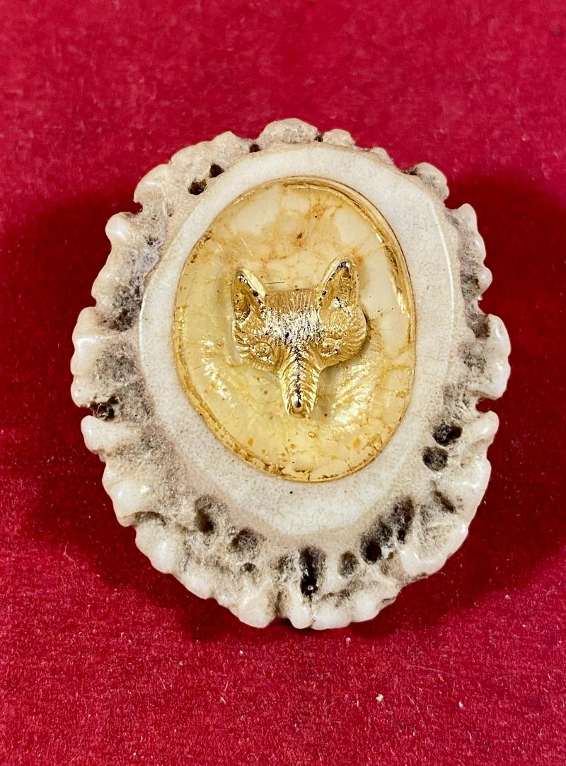Vintage Hand Carved Stag Antler and Inset Gilt Fox Head Brooch c1930