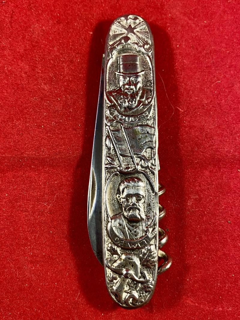 Ornate Boer War Commemorative Combined Double Bladed Penknife and Corkscrew – Kruger and De Wet with BROKEN SPRING