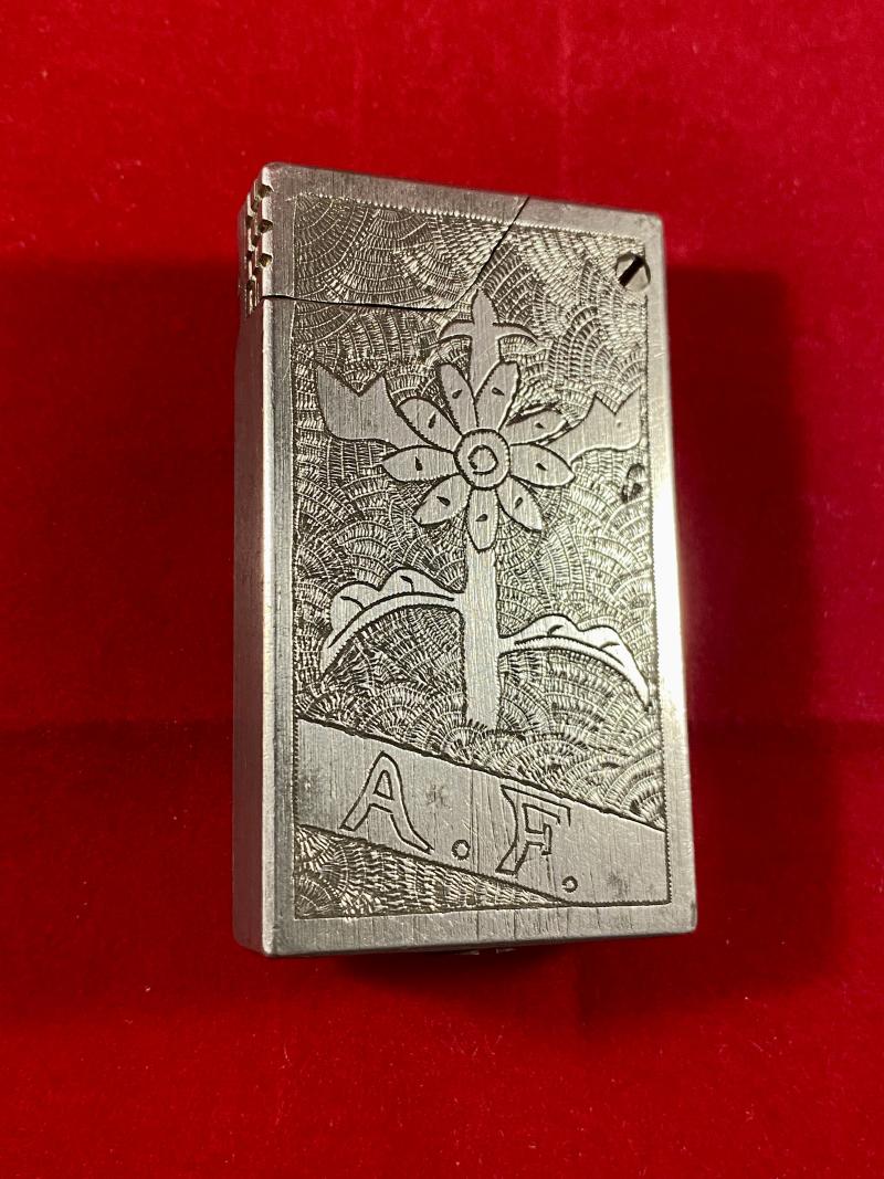 Finely Engraved WW2 Aluminium Trench Art Pocket Petrol Lighter with Initials A.F.