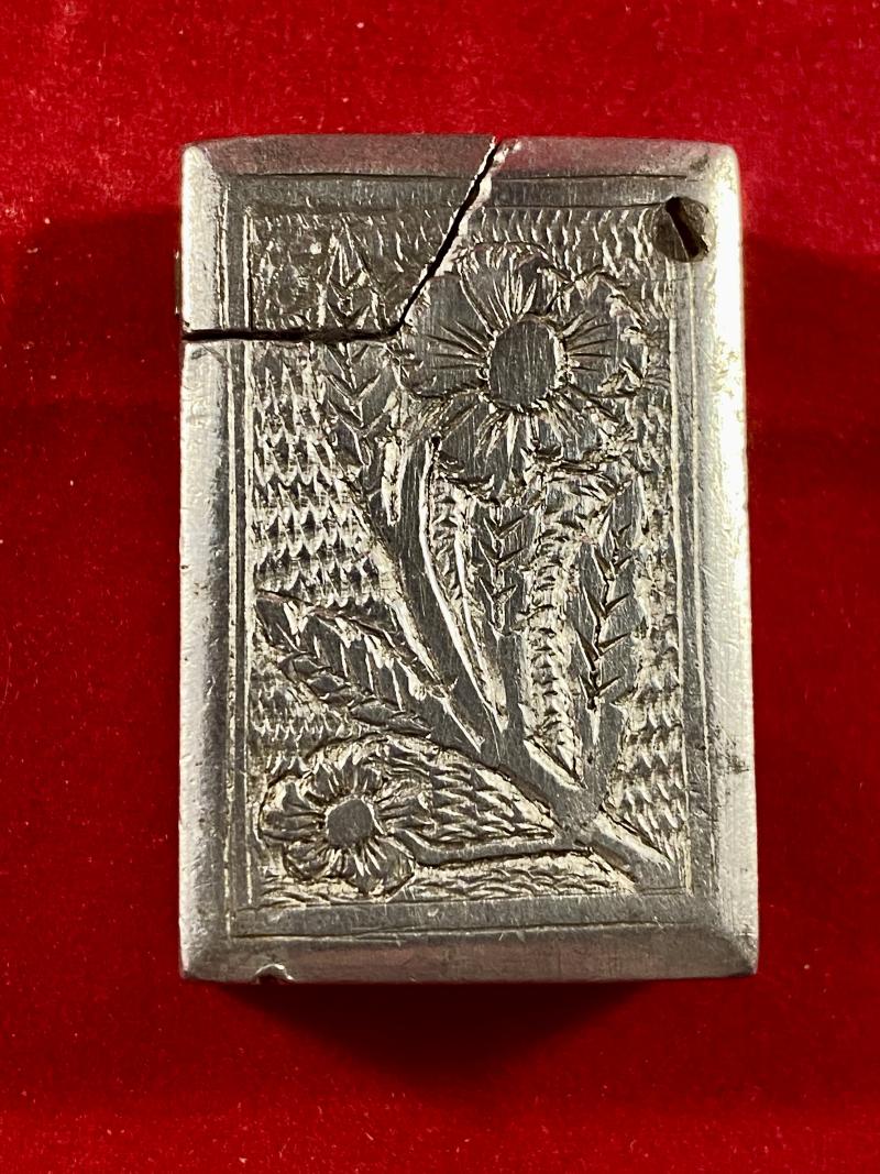 Unusual Small Finely Engraved WW2 Aluminium Trench Art Pocket Petrol Lighter with Initials M M