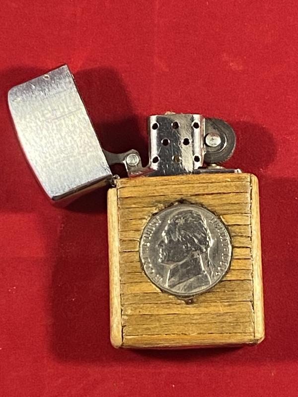 Customised 1999 Zippo Lighter with an Outer Casing of Matchsticks set with US 1980 Nickel Coin