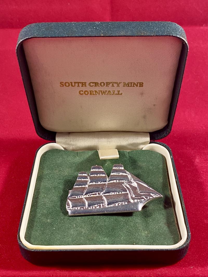 Vintage South Crofty Tin Mine Cornwall - Clipper Sailing Vessel Tin Brooch with Case c1980