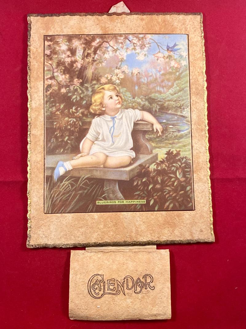 Charming Original Wall Hanging 1937 Calendar and 1936 Christmas & New Year Greeting Card - Coloured Print of the “Bluebirds for Happiness”