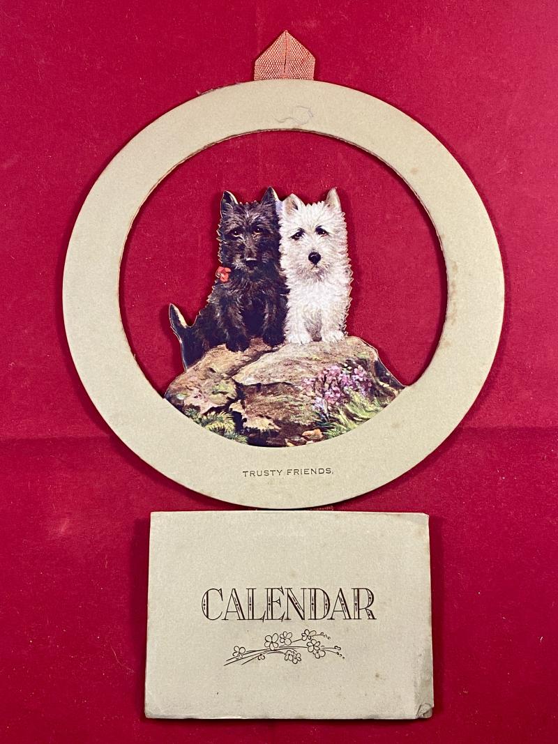 Charming Original Wall Hanging 1937 Calendar and 1936 Christmas Greeting Card - Coloured Print Titled “Trusty Friends”
