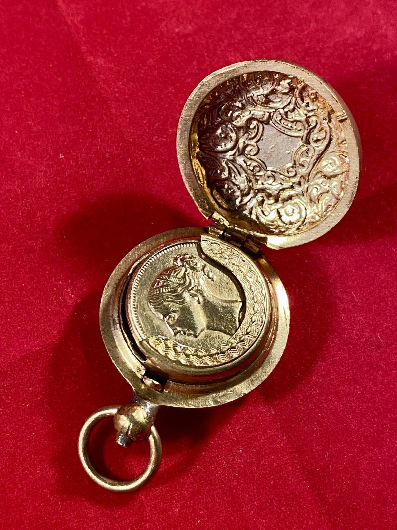 Ornate Victorian Gilt Brass Sovereign Case with Profile Image of a Young Queen Victoria inside
