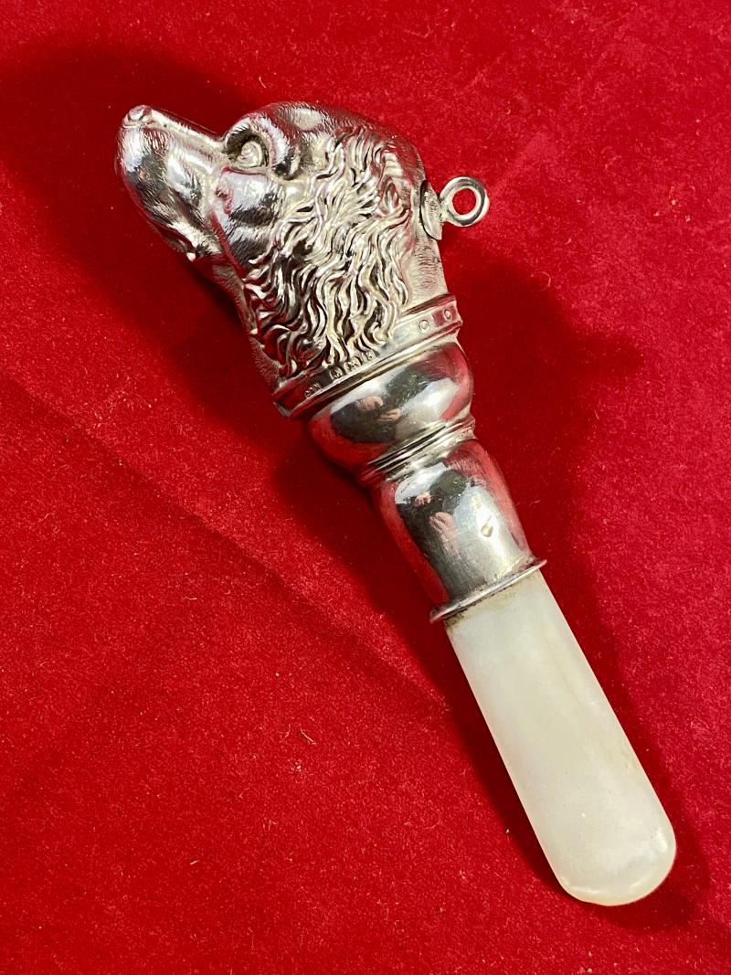 Antique Edwardian Hallmarked Silver and Mother of pearl Baby Teether in the Form of Dog’s Head by Crisford & Norris