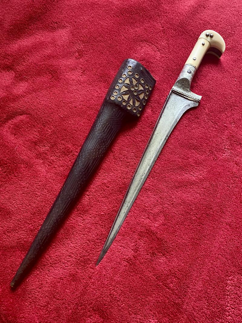 Impressive Ornate 19th Century Indo-Persian/Afghan Pesh-Kabz Dagger with Crafted Leather Covered Scabbard