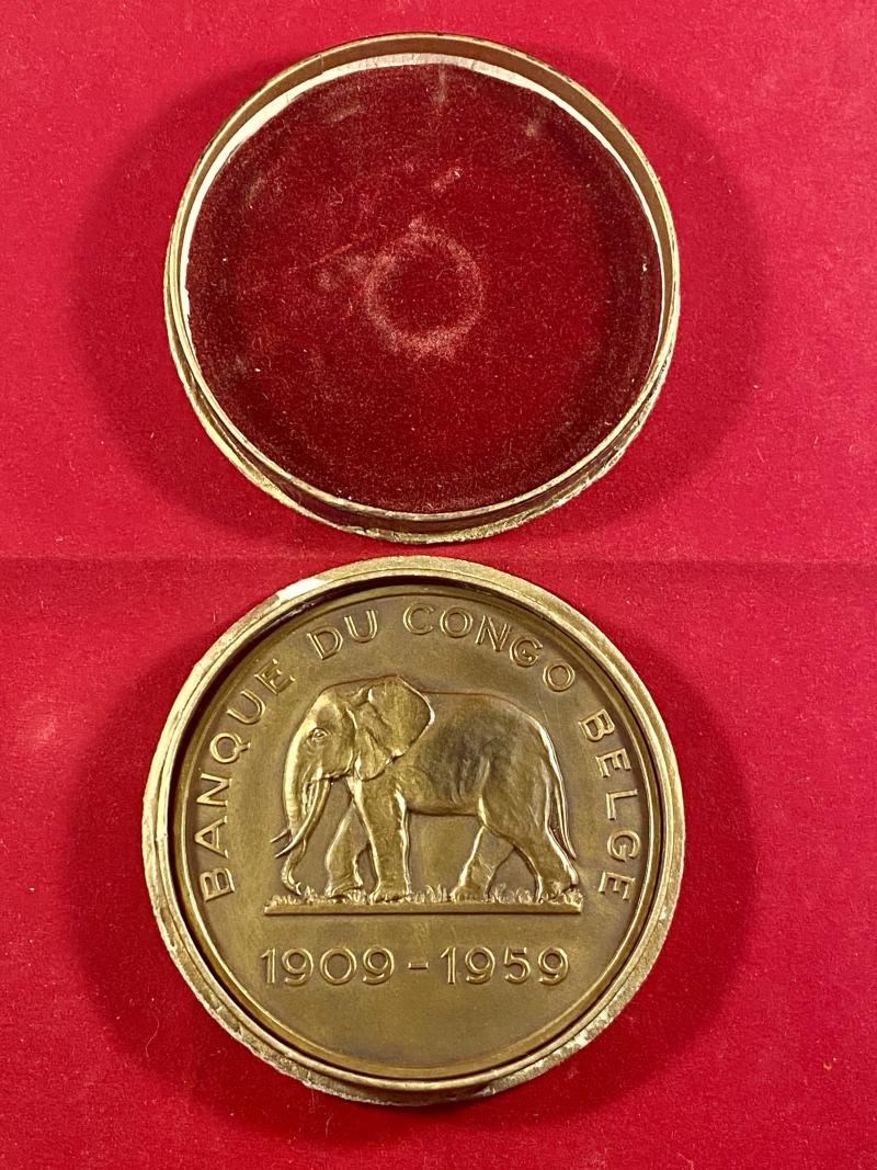 Bank of the Belgian Congo 50th Anniversary 1909 - 1959 Large Bronze Medallion by Paul De Greef with Original Card Case