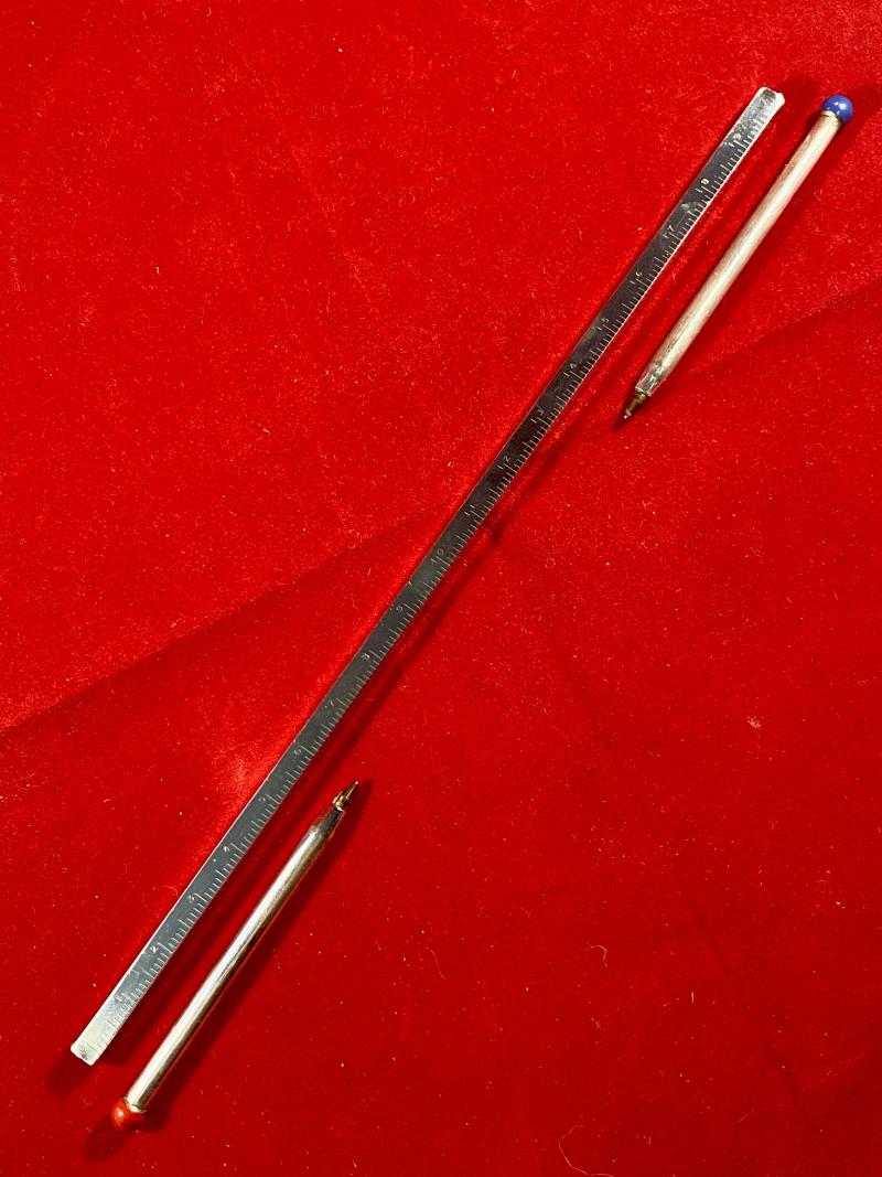 Fine Hallmarked Silver 20cm Square Shaped Ruler fitted with Red and Blue Ballpoint Pens by William Manton 1982