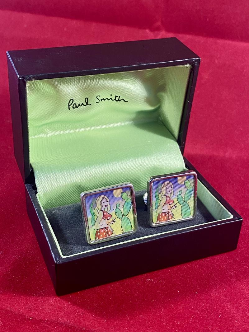 Rare Vintage Cased Pair of Hologram Cufflinks by Paul Smith - Woman in Crop Top Switches to Woman Topless both in a Desert Scene