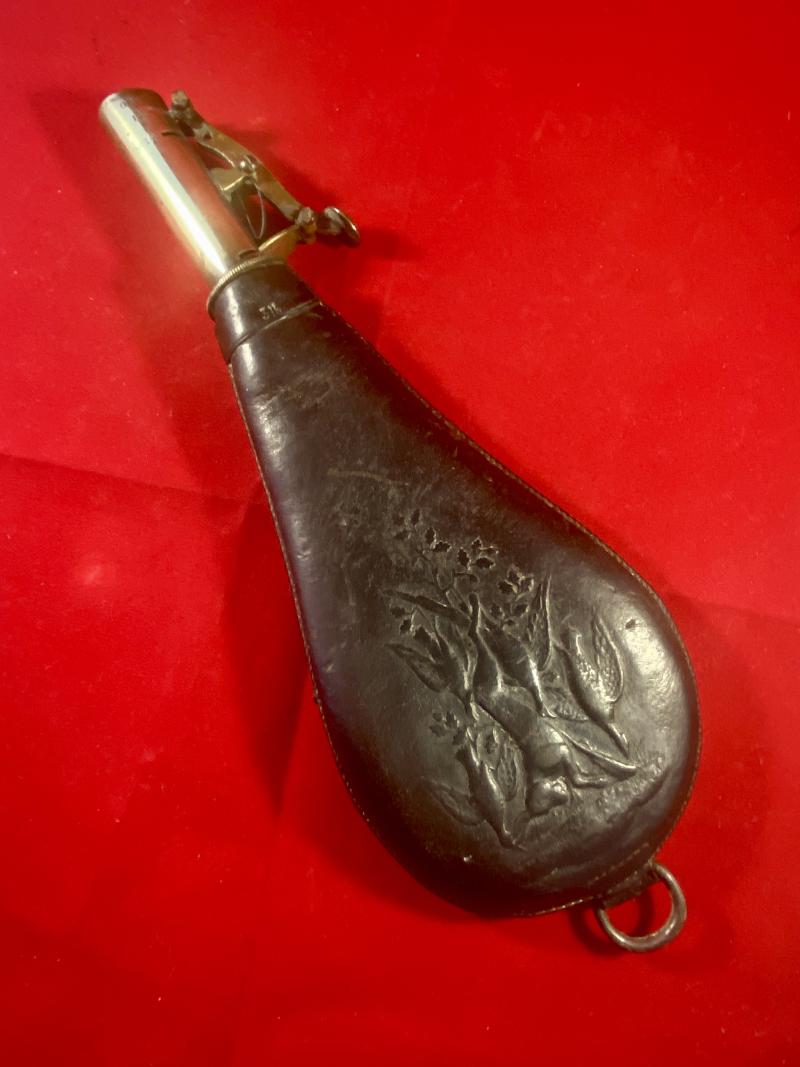 19th Century English Spring Loaded Embossed Leather Shot Powder Flask with Hunting Scene