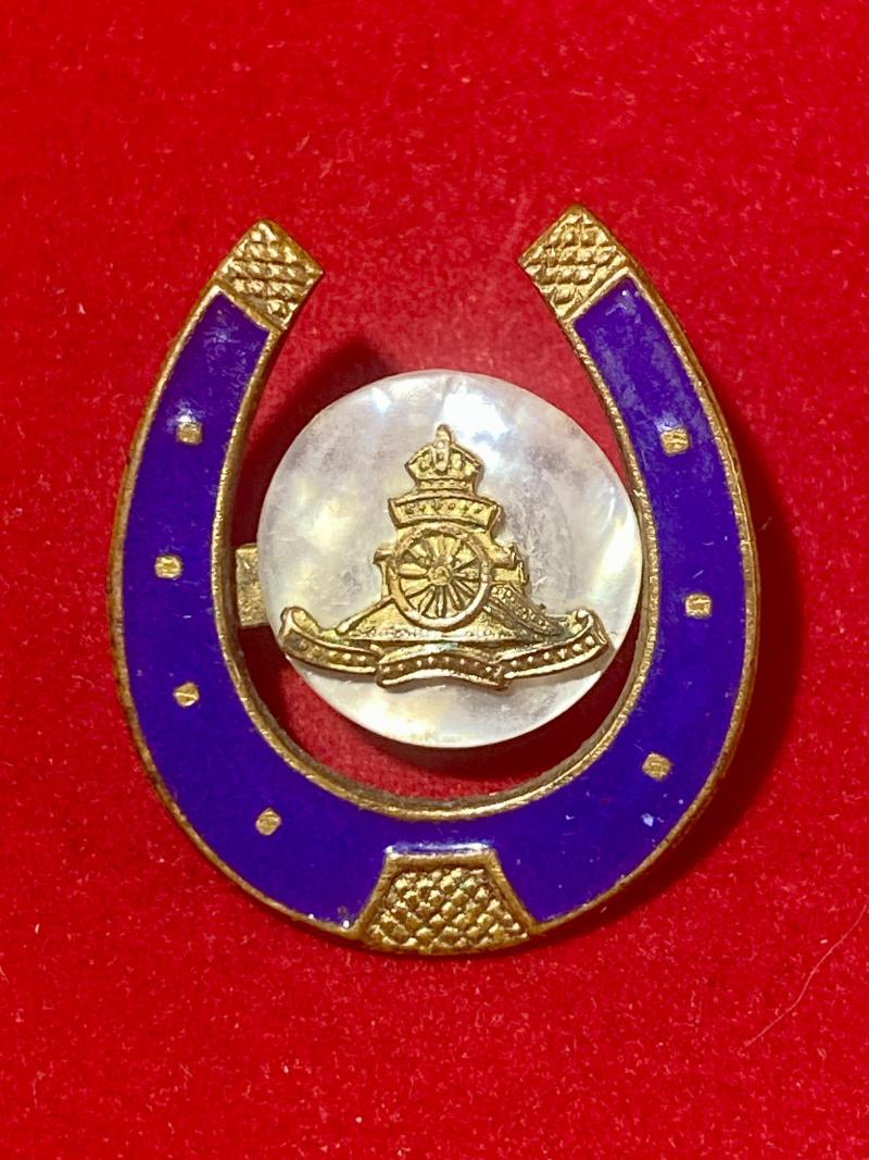 WW1 Royal Artillery Gilt Brass, Enamel and Mother of Pearl, Lucky Horse Shoe Sweetheart Brooch