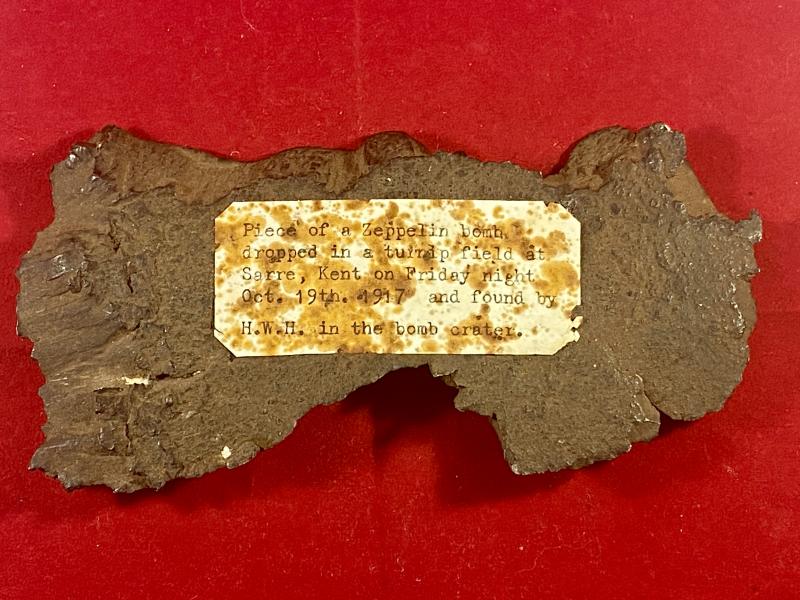Rare 6” 520g Metal Fragment of a WW1 German Zeppelin LZ93 (L44) 100Kg HE Bomb Dropped on a Turnip Field at Sarre, Kent on 19th October 1917