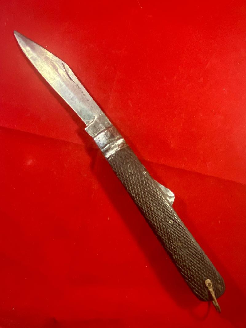 Unusual Large Antique Folding Lock-Back Knife with Chequered Wood Grip by Joseph Rodgers & Sons c1880