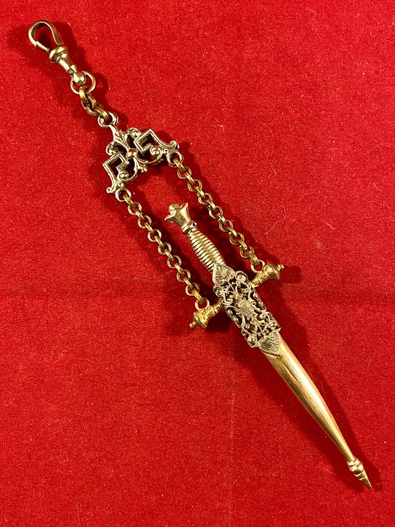 Rare Victorian Embroidery Sewing Scissors with a Gilt Metal Case in the Shape of a Renaissance Style Dagger c1890