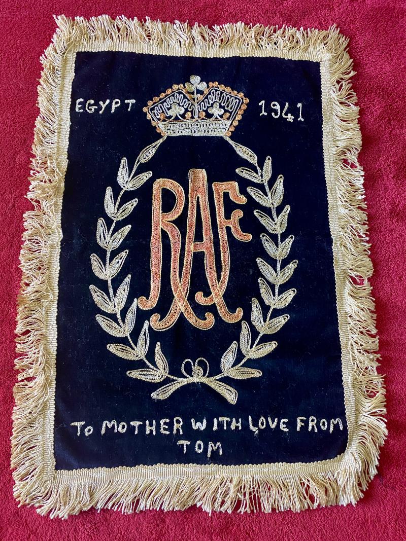 WW2 Souvenir RAF Embroidered Banner - EGYPT 1941 - TO MOTHER WITH LOVE FROM TOM