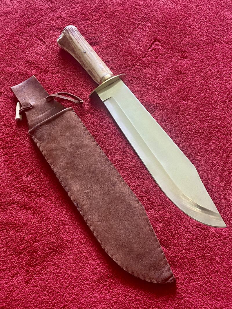 Handmade Vintage Bowie Knife with Impressive 9.5” Polished Steel Blade – Stag Antler Handle and Suede Sheath
