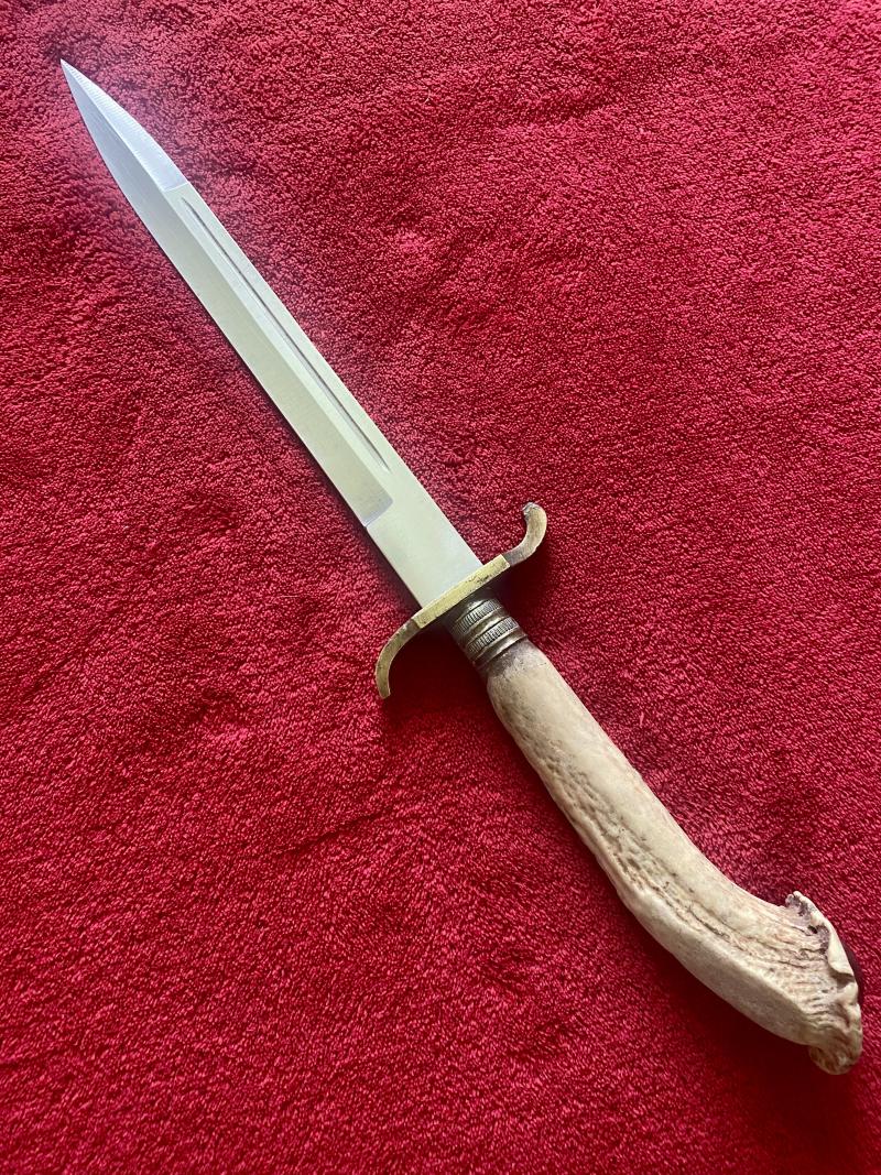 Impressive Dagger with 9.75” Single Edged Spearpoint blade and Stag Antler Handle c1900.