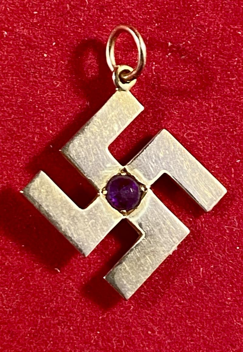Rare Antique Victorian or Edwardian 15ct Gold Swastika Pendant set with an Amethyst Stone
