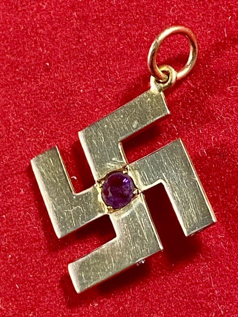Rare Antique Victorian or Edwardian 15ct Gold Swastika Pendant set with an Amethyst Stone