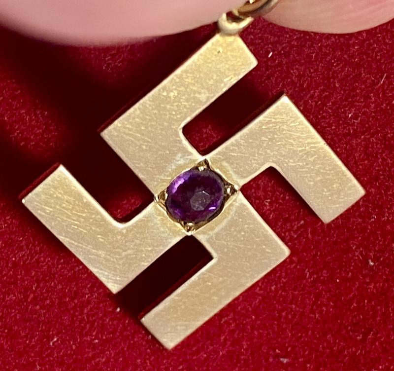 Rare Antique Victorian or Edwardian 15ct Gold Swastika Pendant set with an Amethyst Stone